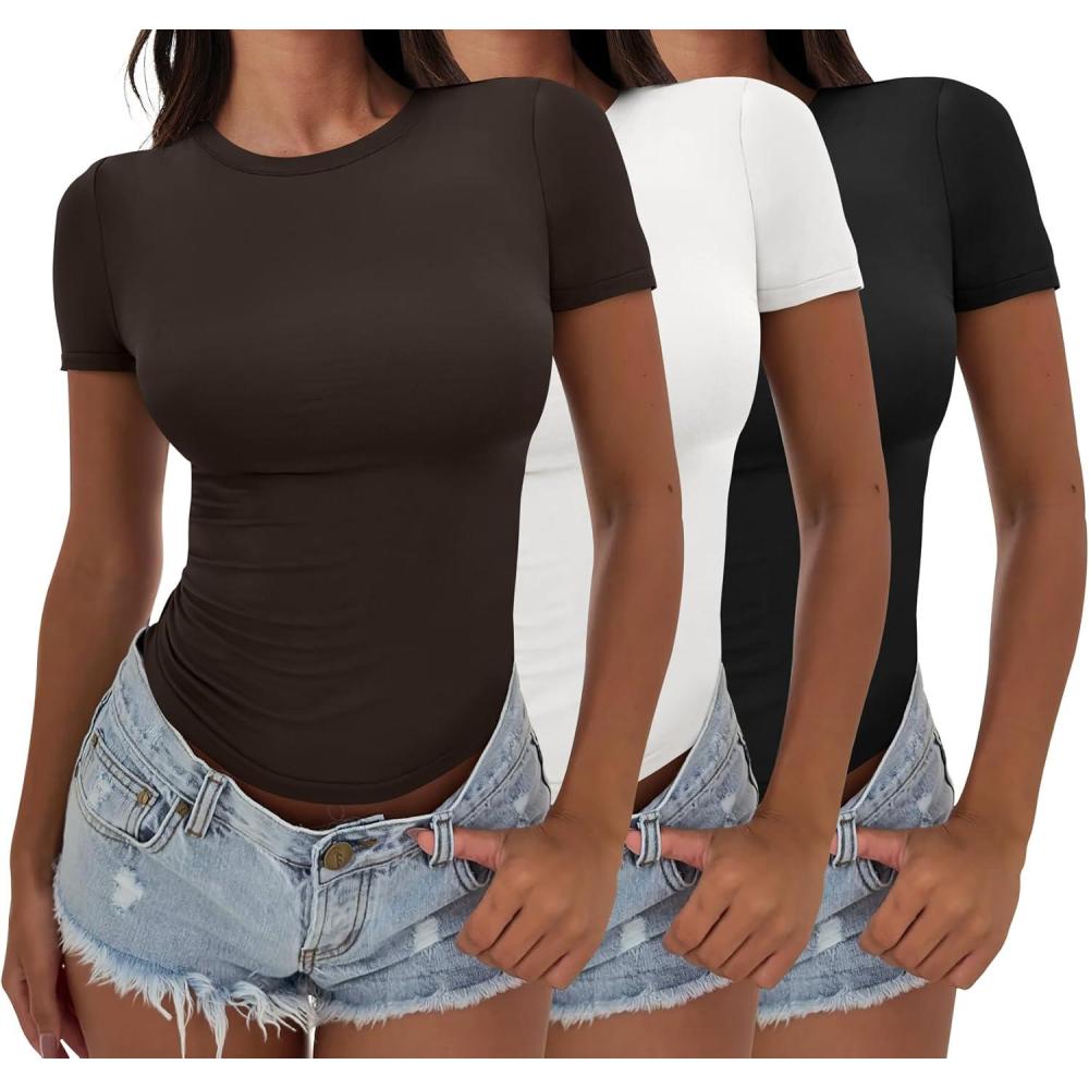 imageANRABESS Womens 3 Pack Short Sleeve Shirts 2025 Crop Tops Tight Fitted Basic Tees Workout T Shirts Y2k Clothes Summer OutfitBlackwhitedeep Brown