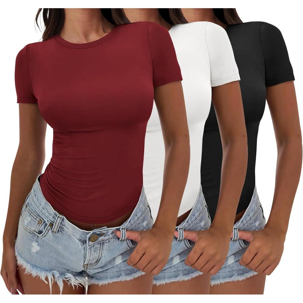 imageANRABESS Womens 3 Pack Short Sleeve Shirts 2025 Crop Tops Tight Fitted Basic Tees Workout T Shirts Y2k Clothes Summer OutfitBlackwhitedeep Red