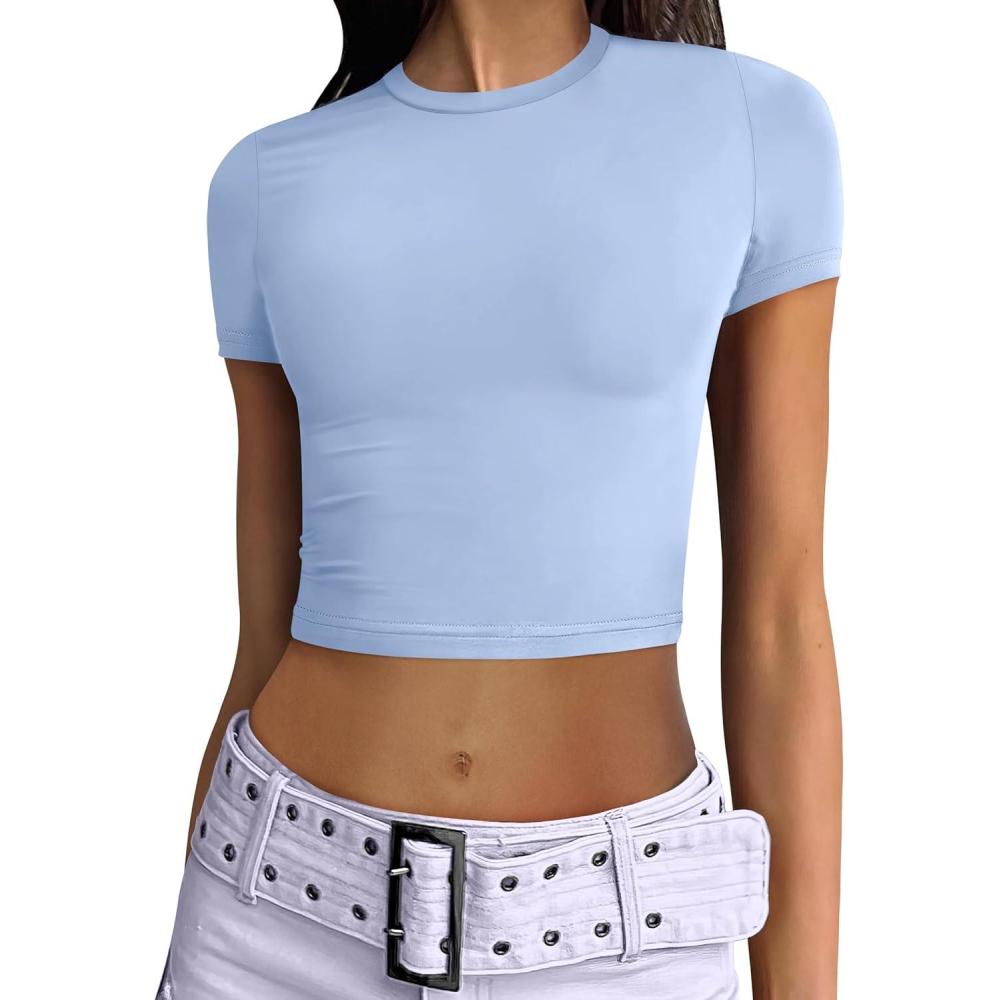 imageANRABESS Womens Basic Tee Summer Outfits Crewneck Short Sleeve Crop Tops Slim Fitted T Shirts Y2k 2025 Trendy ClothingBlue Grey