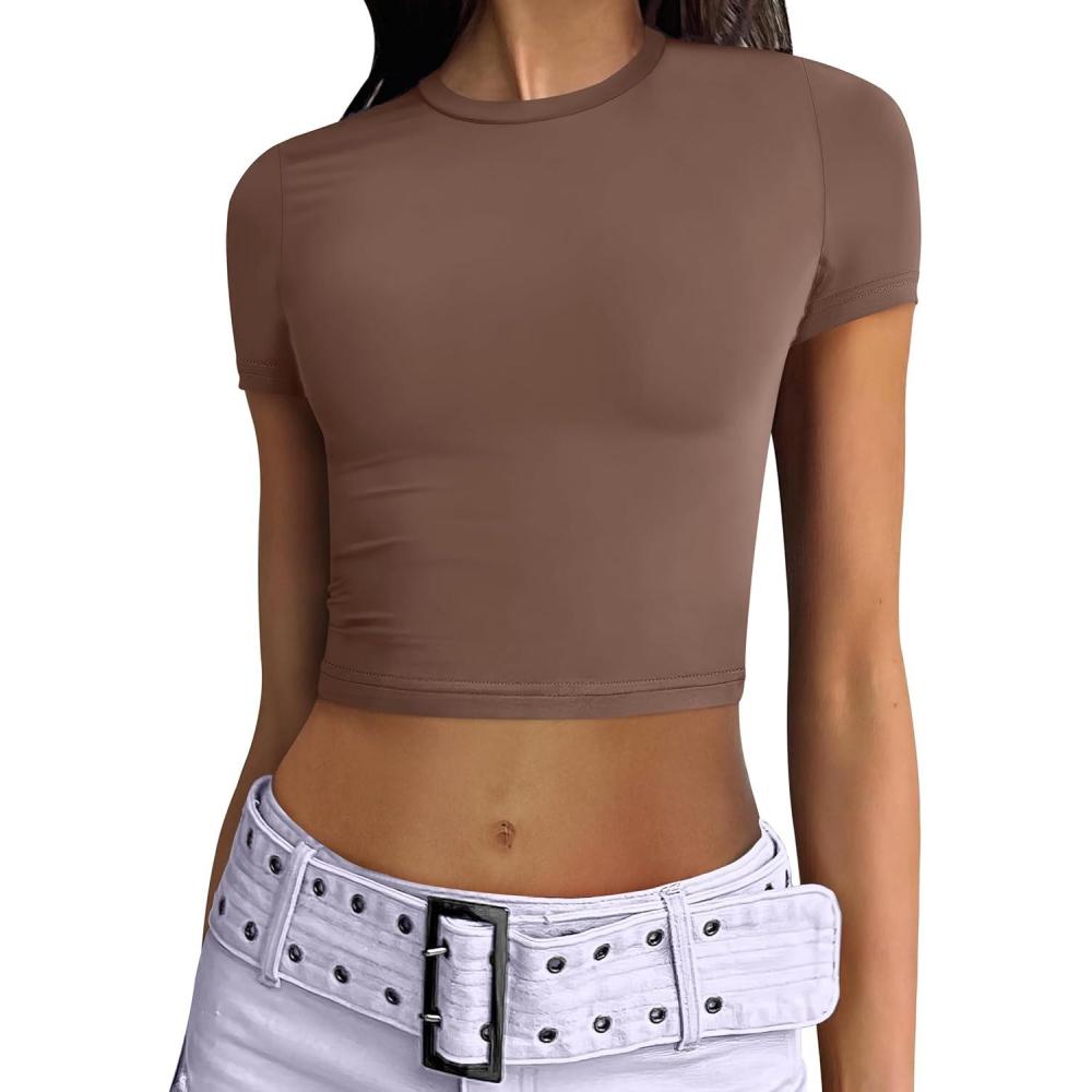 imageANRABESS Womens Basic Tee Summer Outfits Crewneck Short Sleeve Crop Tops Slim Fitted T Shirts Y2k 2025 Trendy ClothingBrown
