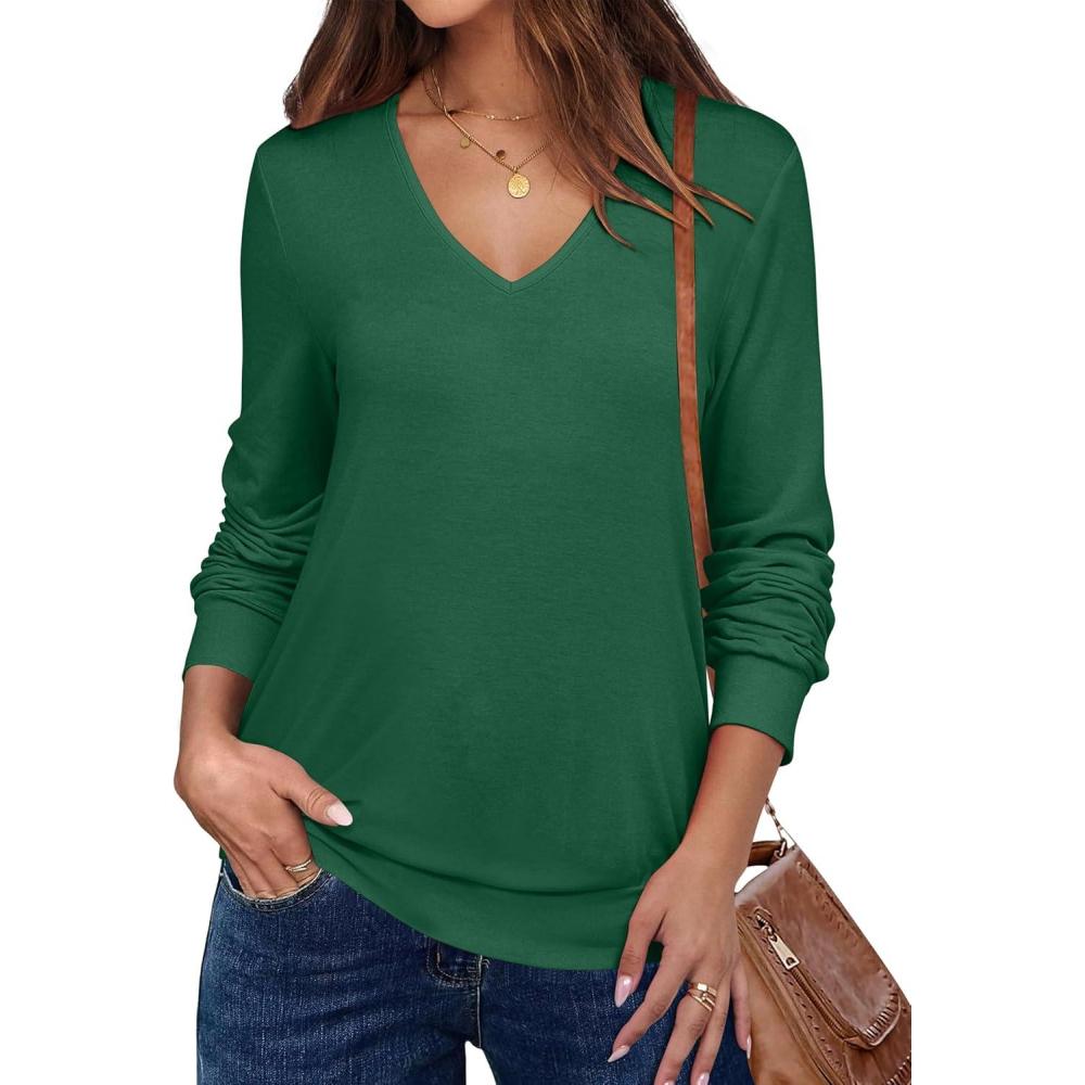 imageANRABESS Womens Long Sleeve Shirts Casual Loose V Neck Basic Tees Tops 2025 Fall TShirt OutfitsGreen