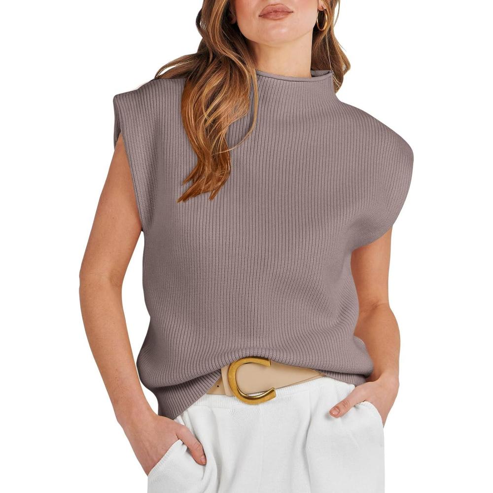 imageANRABESS Womens Mock Neck Sleeveless Sweater Vest Casual Cap Sleeve Knit Pullover Tank Tops 2025 Fall ClothesRed Apricot