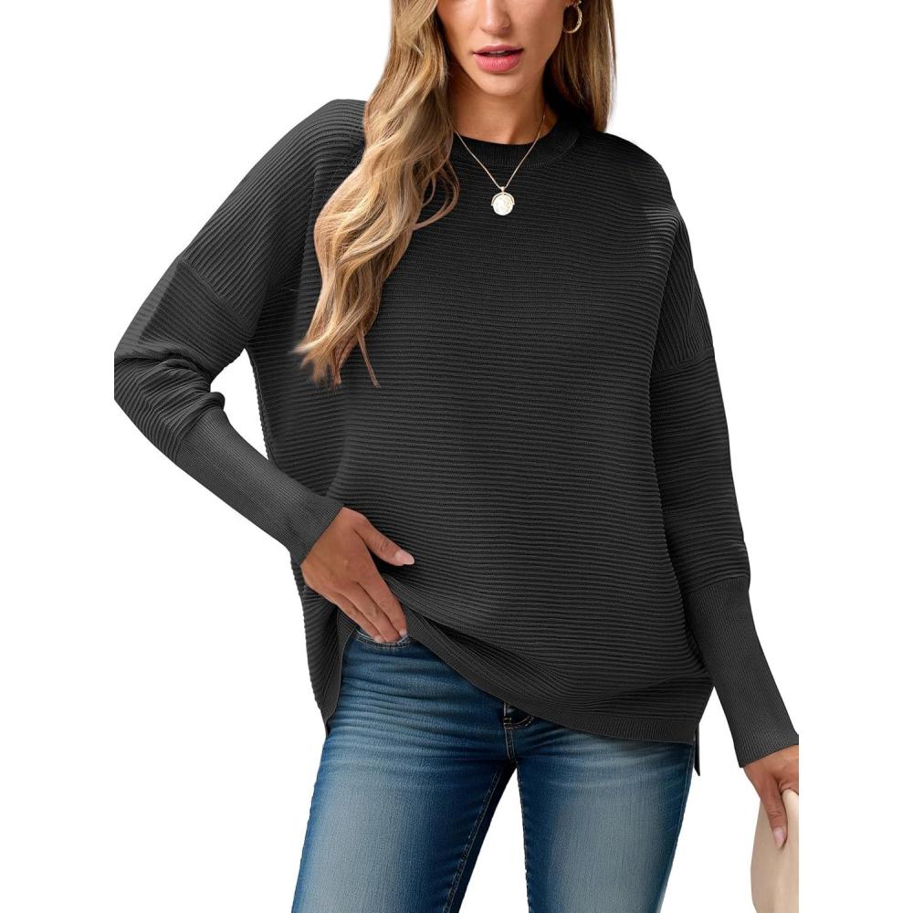 imageANRABESS Womens Oversized Batwing Long Sleeve Ribbed Knit Sweaters 2025 Fall OutfitsBlack