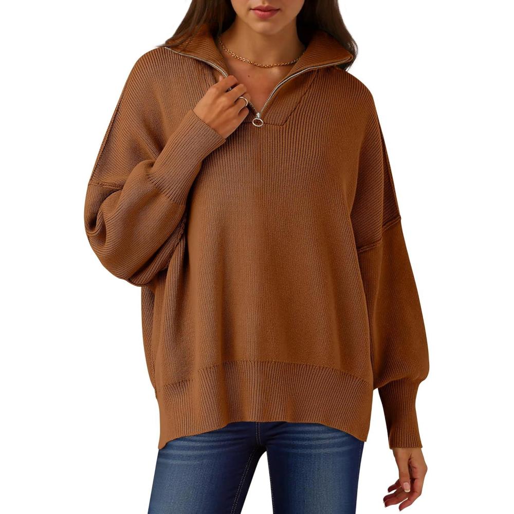imageANRABESS Womens Oversized Fashion Long Sleeve Quarter Zip Baggy Loose Slouchy Sweater Pullover Tops 2025 Fall OutfitsCoffee