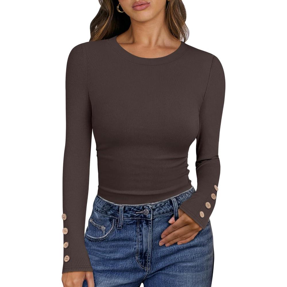 imageANRABESS Womens Ribbed Long Sleeve Tops Slim Fitted Dressy Shirts Basic Tee Tshirts 2025 Fall Fasion Outfits with ButtonsCoffee