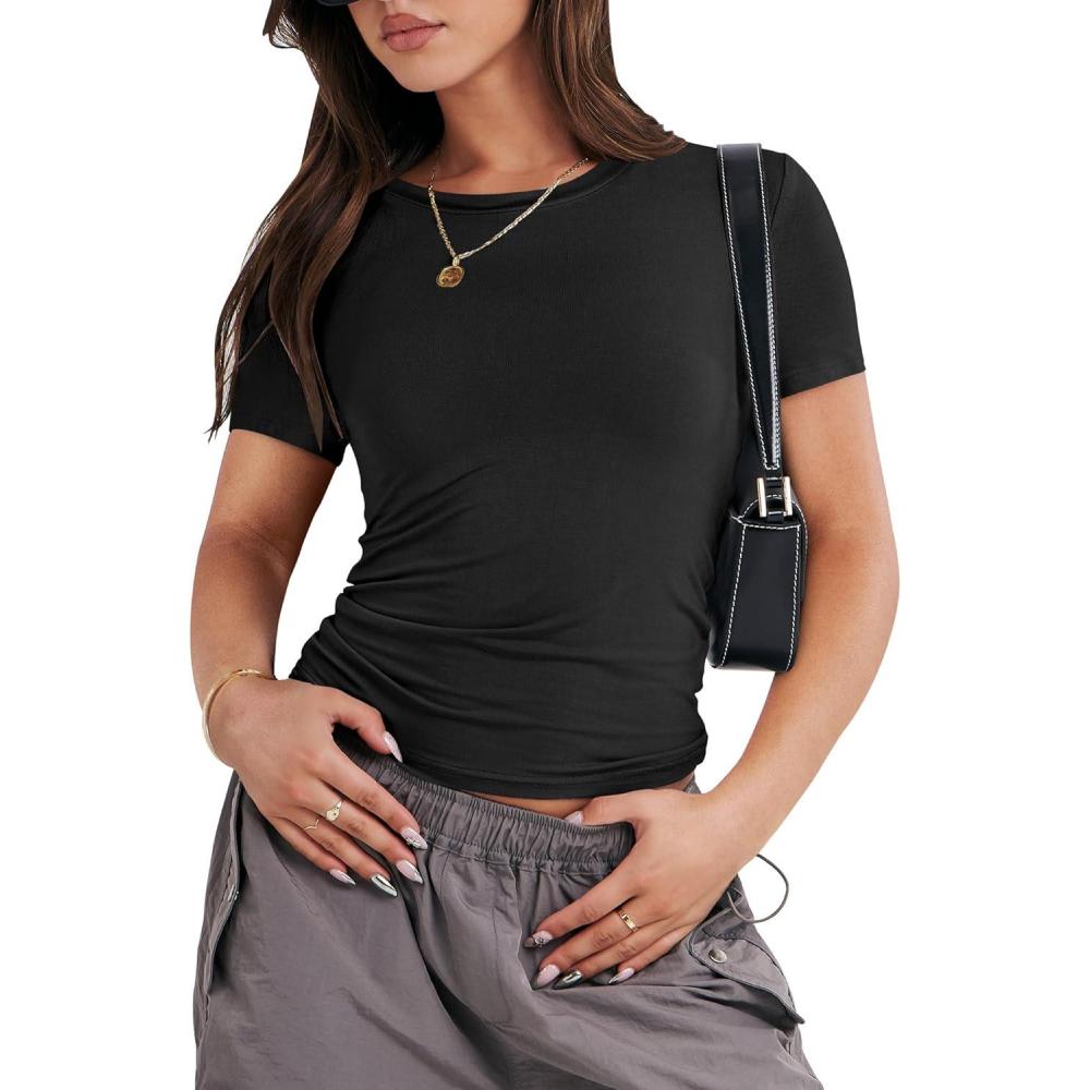 imageANRABESS Womens Short Sleeve Summer T Shirts Crew Neck Slim Fit Basic Tees 2026 Crop Tops Y2k Clothes OutfitsBlack