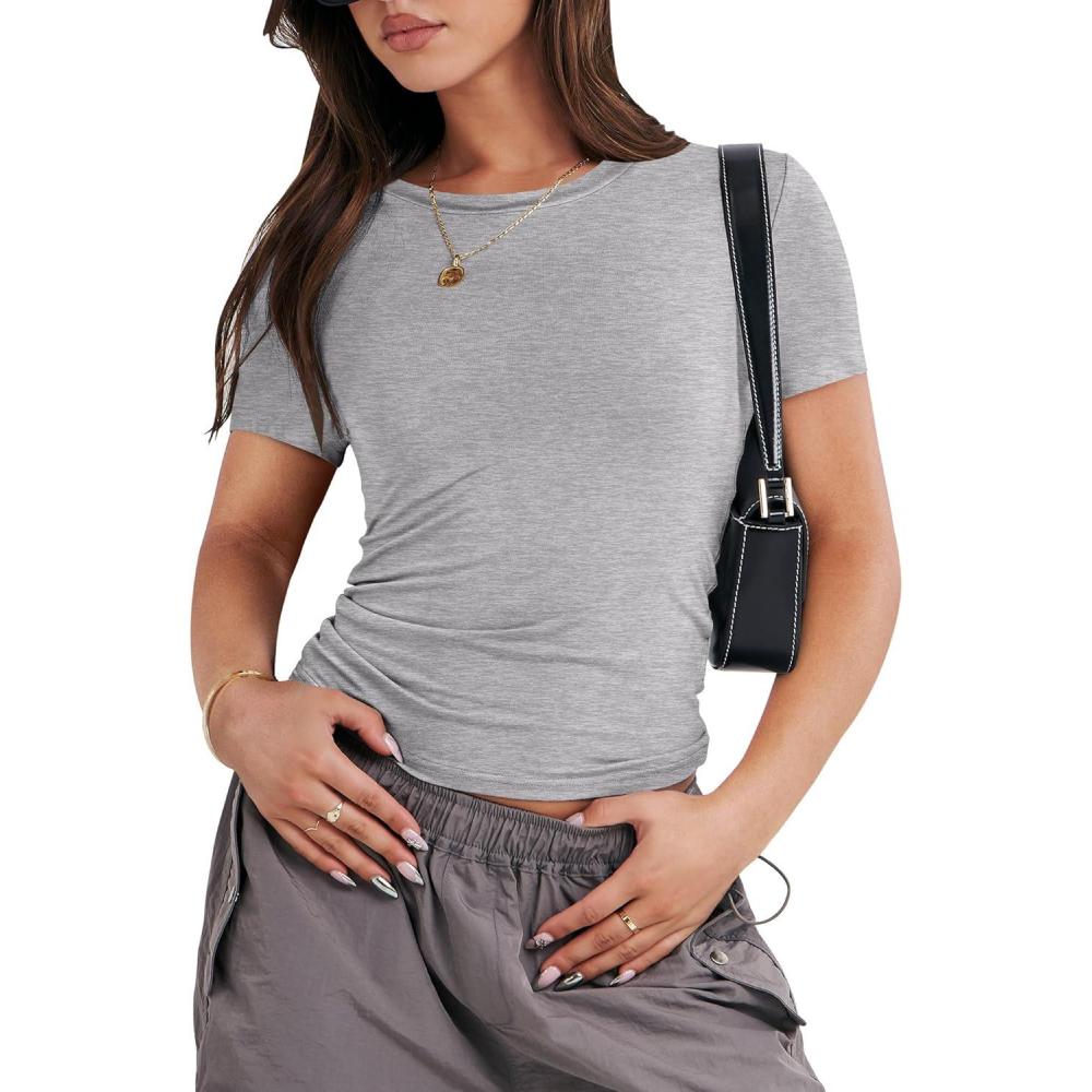 imageANRABESS Womens Short Sleeve Summer T Shirts Crew Neck Slim Fit Basic Tees 2026 Crop Tops Y2k Clothes OutfitsGrey