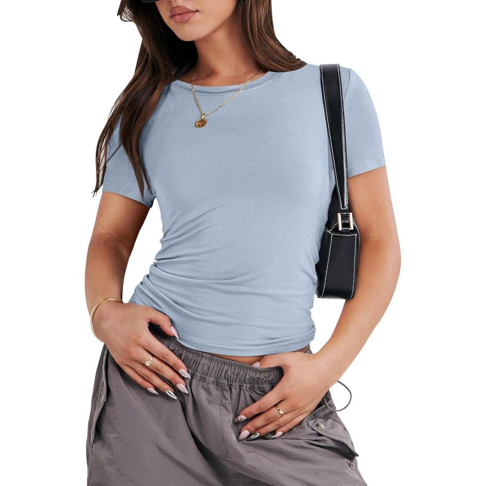imageANRABESS Womens Short Sleeve Summer T Shirts Crew Neck Slim Fit Basic Tees 2026 Crop Tops Y2k Clothes OutfitsHaze Blue