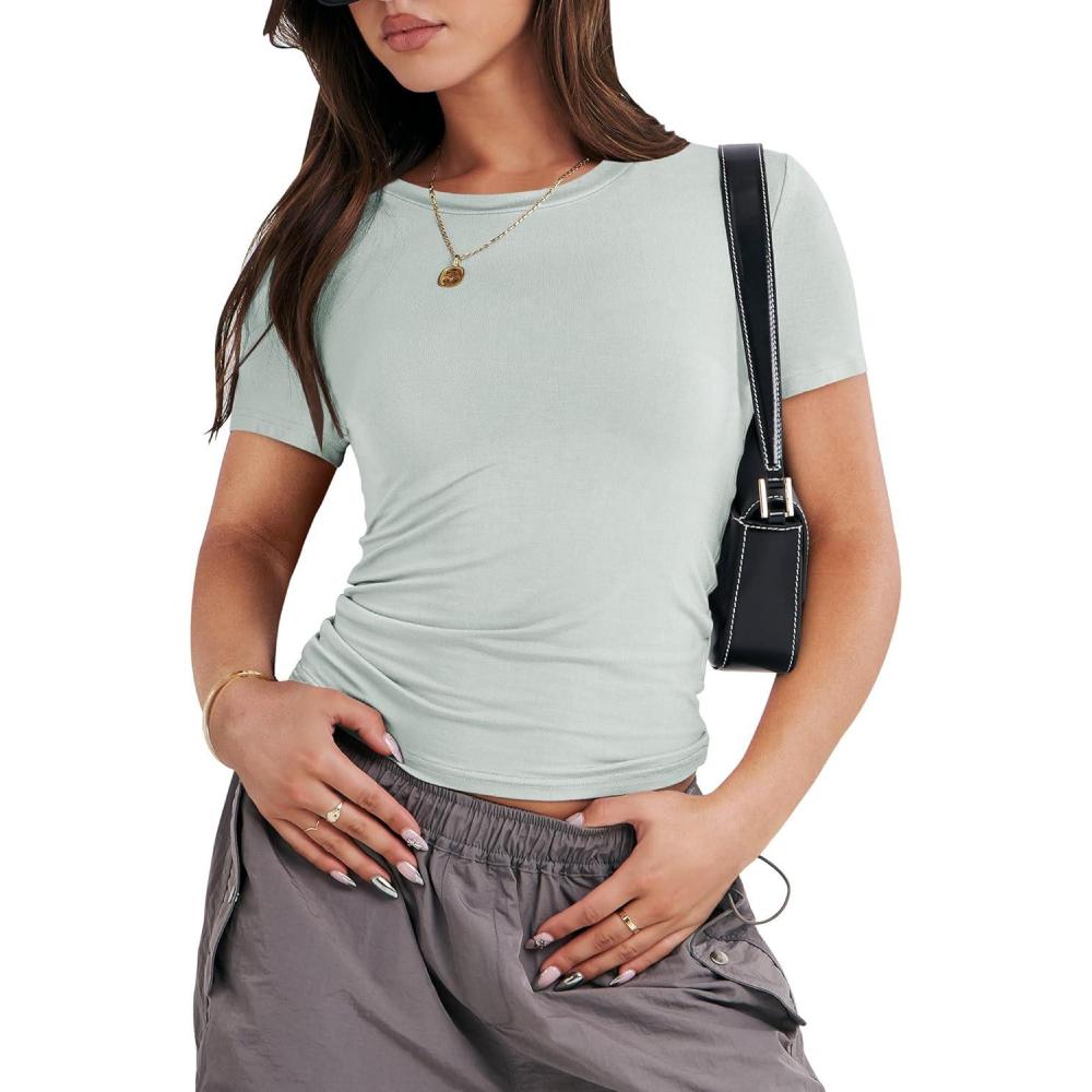imageANRABESS Womens Short Sleeve Summer T Shirts Crew Neck Slim Fit Basic Tees 2026 Crop Tops Y2k Clothes OutfitsLight Green