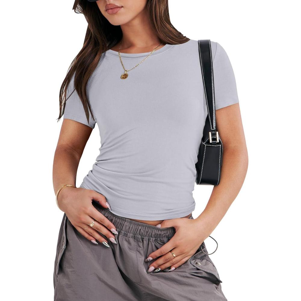 imageANRABESS Womens Short Sleeve Summer T Shirts Crew Neck Slim Fit Basic Tees 2026 Crop Tops Y2k Clothes OutfitsLight Grey