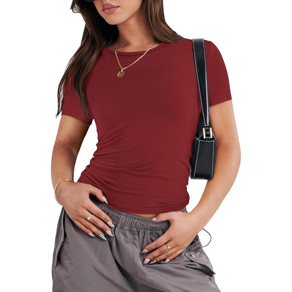 imageANRABESS Womens Short Sleeve Summer T Shirts Crew Neck Slim Fit Basic Tees 2026 Crop Tops Y2k Clothes OutfitsRed