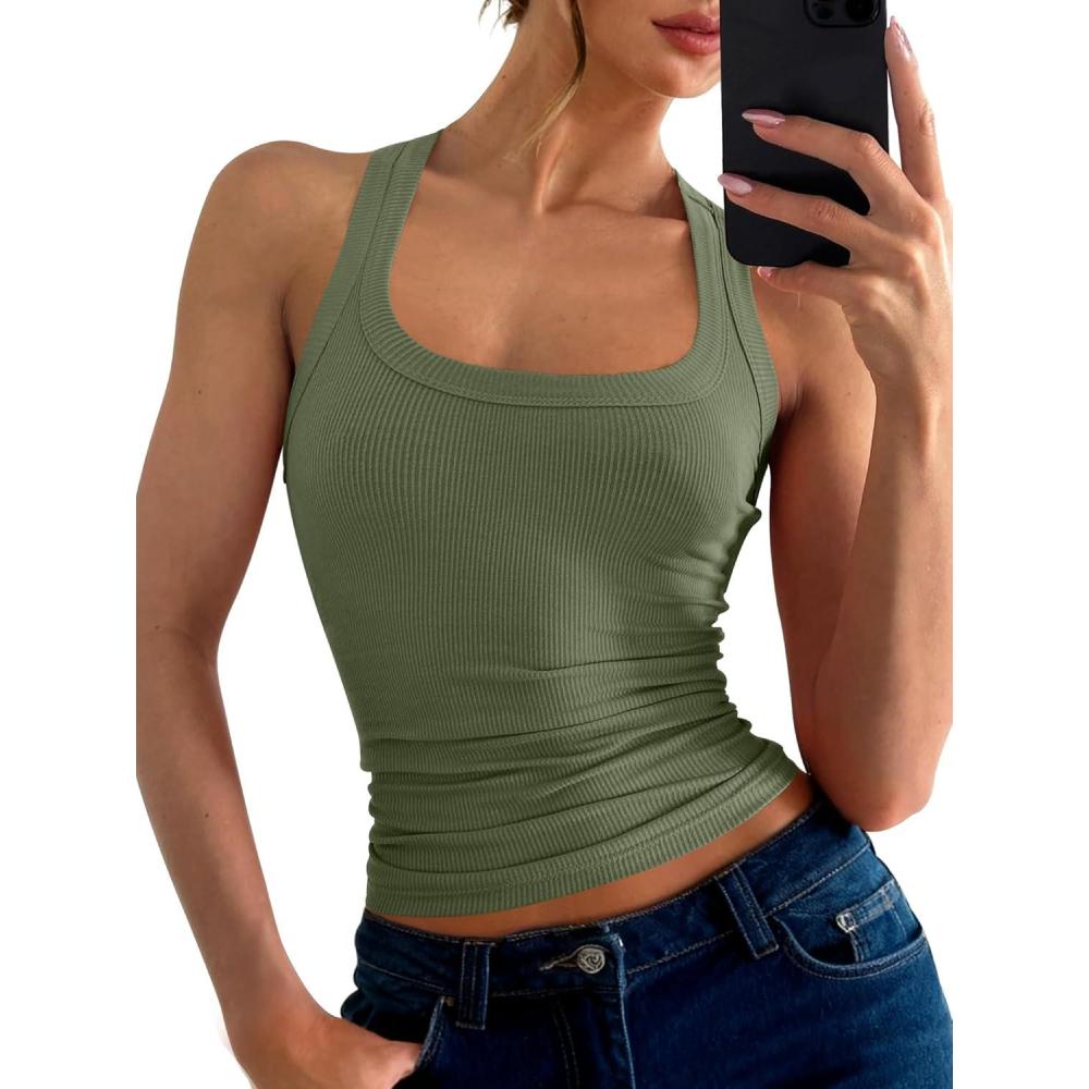 imageANRABESS Womens Sleeveless Square Neck Tank Tops Summer Racerback Workout Top Ribbed Knit Slim Fit Basic 2026 Casual ClothesArmy Green