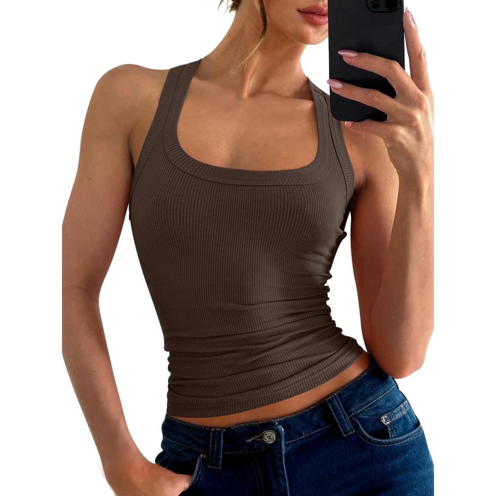 imageANRABESS Womens Sleeveless Square Neck Tank Tops Summer Racerback Workout Top Ribbed Knit Slim Fit Basic 2026 Casual ClothesCoffee