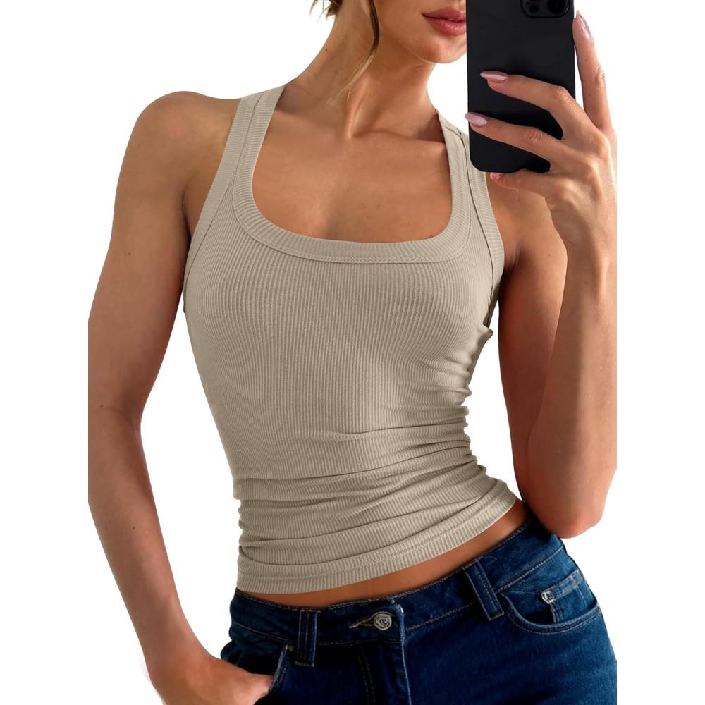 imageANRABESS Womens Sleeveless Square Neck Tank Tops Summer Racerback Workout Top Ribbed Knit Slim Fit Basic 2026 Casual ClothesLight Khaki