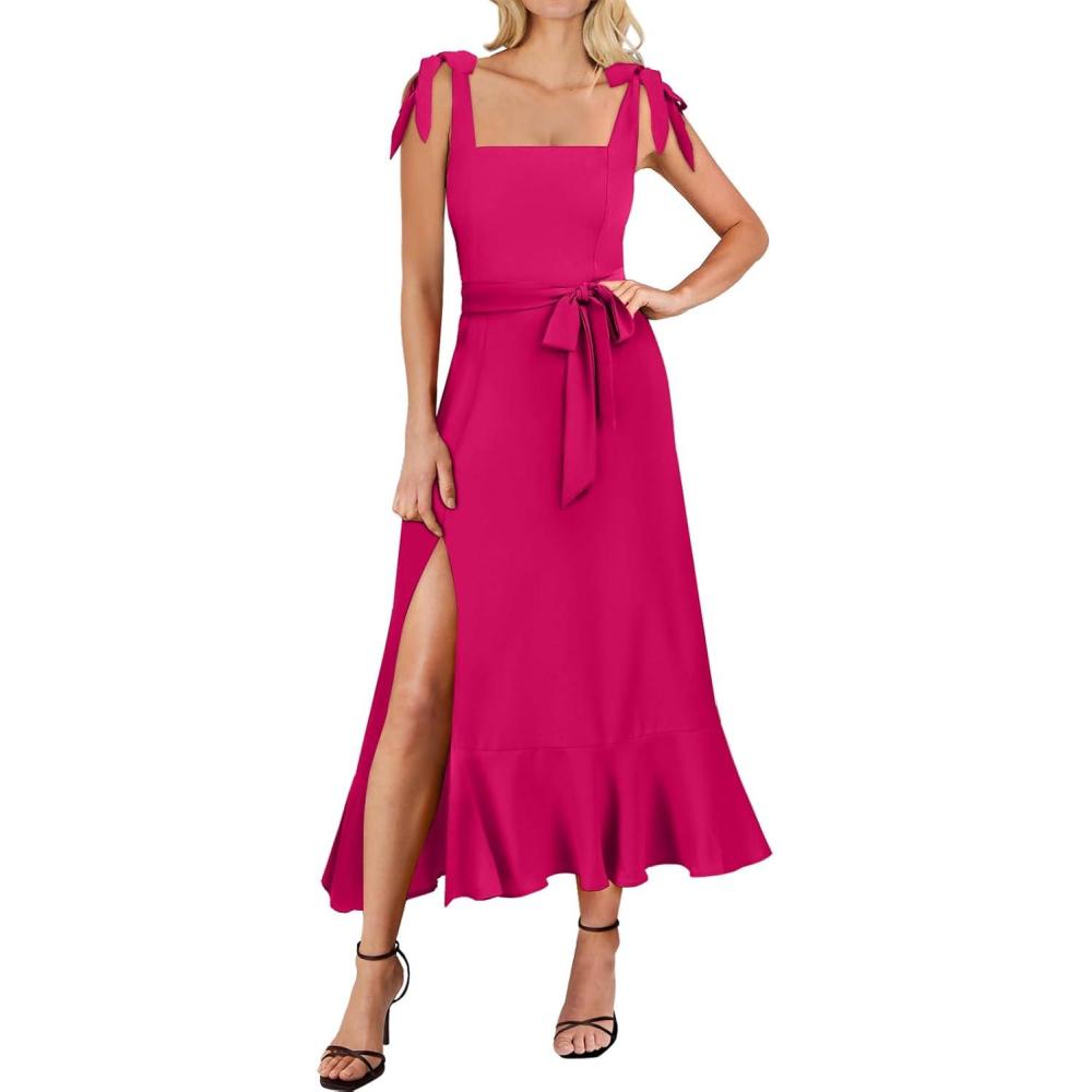 imageANRABESS Womens Square Neck Ruffle Split Midi Elegant Formal Wedding Guest Cocktail Bridesmaid Graduation Party DressesRose