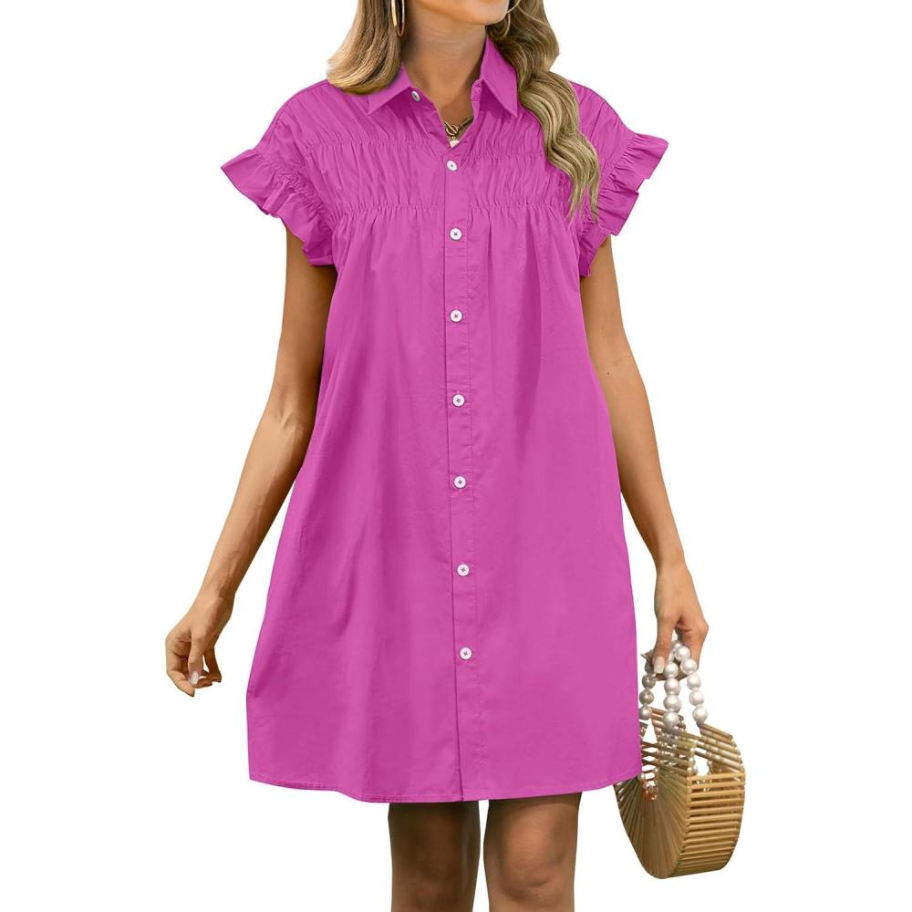 imageANRABESS Womens Summer Button Down Shirt Dress Ruffle Short Sleeve Mini Dresses Loose Fit Casual Sundress with PocketsHot Pink