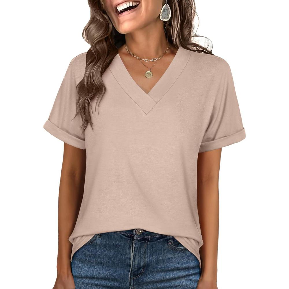 imageANRABESS Womens T Shirts Short Sleeve V Neck Shirts Summer Loose Fit Dressy Tops Business Casual Blouses 2025 Basic TeesAlmond