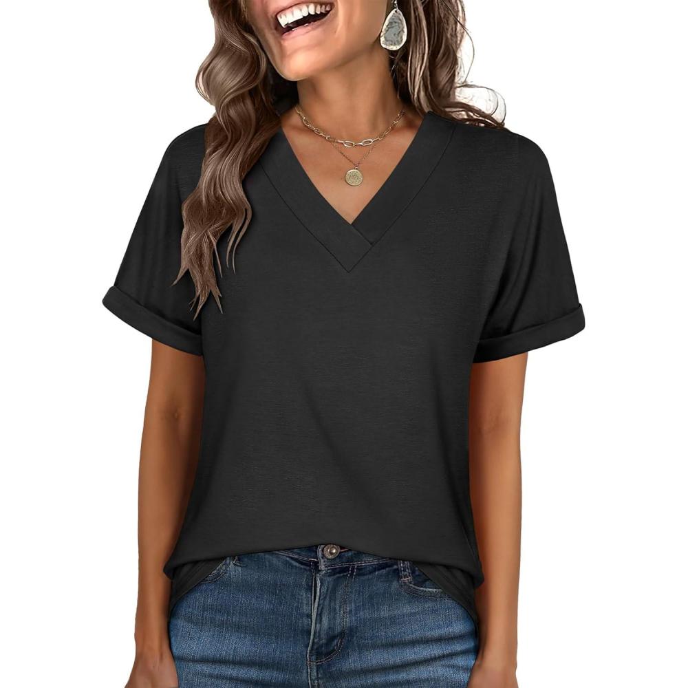 imageANRABESS Womens T Shirts Short Sleeve V Neck Shirts Summer Loose Fit Dressy Tops Business Casual Blouses 2025 Basic TeesBlack