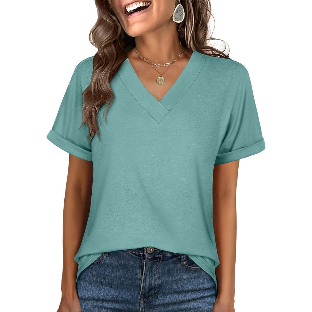 imageANRABESS Womens T Shirts Short Sleeve V Neck Shirts Summer Loose Fit Dressy Tops Business Casual Blouses 2025 Basic TeesGreen Blue