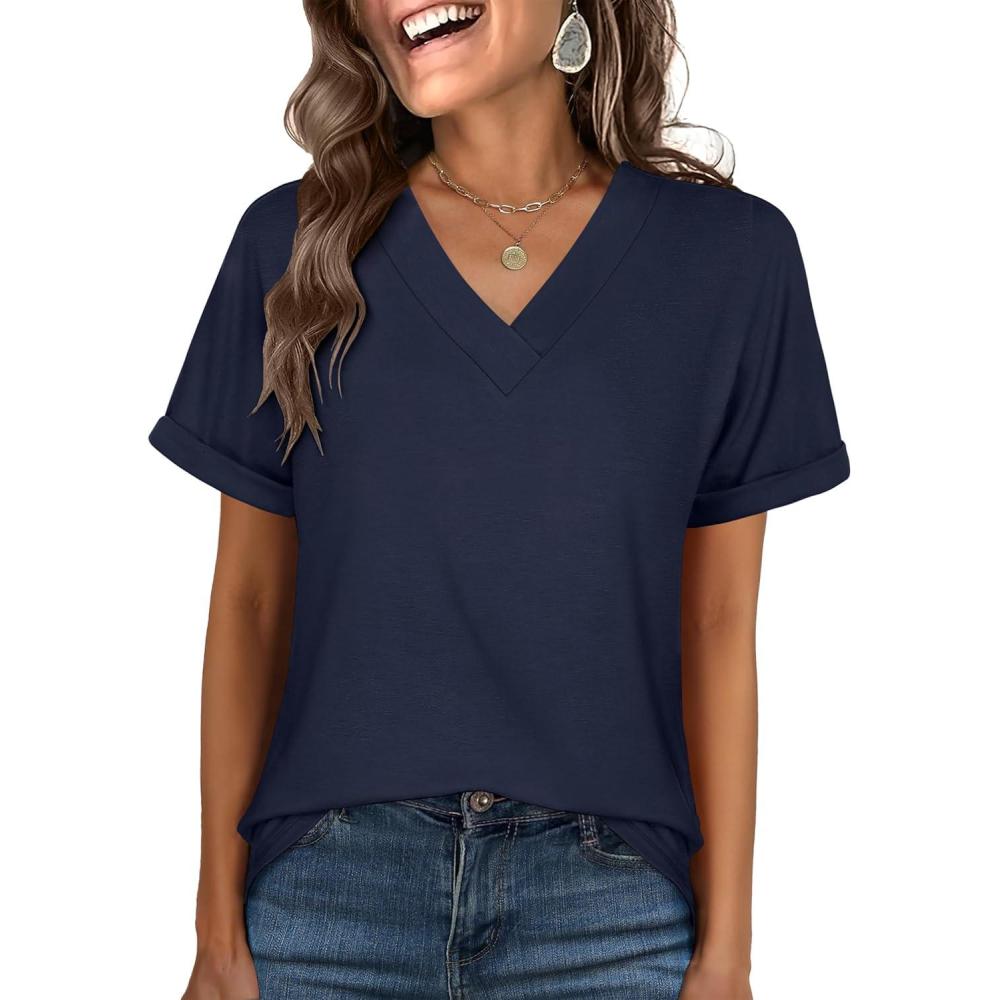 imageANRABESS Womens T Shirts Short Sleeve V Neck Shirts Summer Loose Fit Dressy Tops Business Casual Blouses 2025 Basic TeesNavy Blue