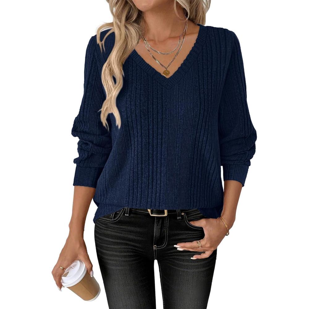 imageANRABESS Womens V Neck Sweaters 2025 Fall Long Sleeve Shirts Lightweight Ribbed Knit Basic Casual Office Work Tunic TopsNavy Blue
