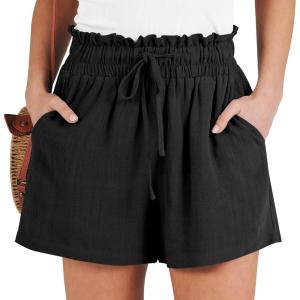 ANRABESS Linen Shorts for Women Summer Casual Wide Leg Loose High Waist Drawstring Dressy Beach Shorts 2025 Comfy Clothes(Black)