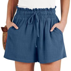 ANRABESS Linen Shorts for Women Summer Casual Wide Leg Loose High Waist Drawstring Dressy Beach Shorts 2025 Comfy Clothes(Deep Blue)
