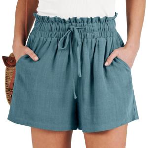 ANRABESS Linen Shorts for Women Summer Casual Wide Leg Loose High Waist Drawstring Dressy Beach Shorts 2025 Comfy Clothes(Lake)