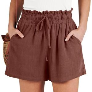 ANRABESS Linen Shorts for Women Summer Casual Wide Leg Loose High Waist Drawstring Dressy Beach Shorts 2025 Comfy Clothes(Red Brown)