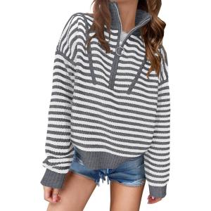 ANRABESS Sweaters for Women Striped Half Zip Long Sleeve Ribbed Knit Pullover Comfy Casual Lightweight Tops 2025 Fall Fashion(Striped White Grey)