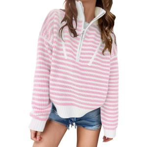 ANRABESS Sweaters for Women Striped Half Zip Long Sleeve Ribbed Knit Pullover Comfy Casual Lightweight Tops 2025 Fall Fashion(Striped White Light Pink)