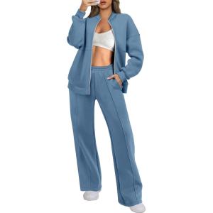 ANRABESS Women 2 Piece Outfits Lounge Set Oversized Zip Up Sweatshirt Jacket Sweatpant Matching Sweat Sets Winter Sweatsuits(Haze Blue)