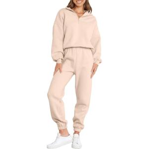 ANRABESS Women 2 Piece Outfits Sweatsuit Oversized Half Zip Sweatshirt Jogger Sweatpants Tracksuit Lounge Set 2025 Clothes(Beige)