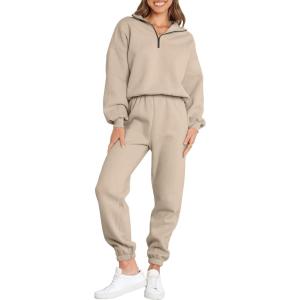 ANRABESS Women 2 Piece Outfits Sweatsuit Oversized Half Zip Sweatshirt Jogger Sweatpants Tracksuit Lounge Set 2025 Clothes(Brown)