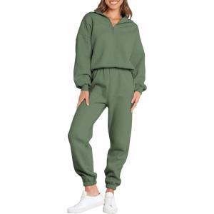 ANRABESS Women 2 Piece Outfits Sweatsuit Oversized Half Zip Sweatshirt Jogger Sweatpants Tracksuit Lounge Set 2025 Clothes(Deep Green)