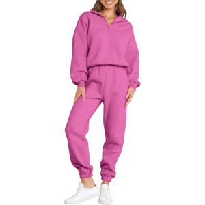 ANRABESS Women 2 Piece Outfits Sweatsuit Oversized Half Zip Sweatshirt Jogger Sweatpants Tracksuit Lounge Set 2025 Clothes(Hot Pink)