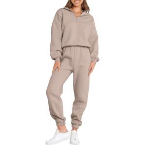ANRABESS Women 2 Piece Outfits Sweatsuit Oversized Half Zip Sweatshirt Jogger Sweatpants Tracksuit Lounge Set 2025 Clothes(Light Khaki)