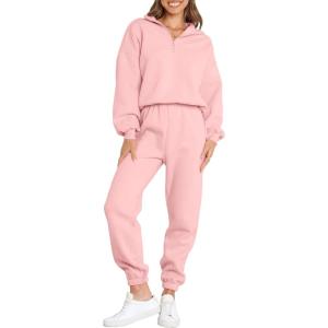 ANRABESS Women 2 Piece Outfits Sweatsuit Oversized Half Zip Sweatshirt Jogger Sweatpants Tracksuit Lounge Set 2025 Clothes(Light Pink)