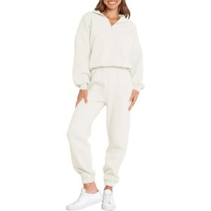 ANRABESS Women 2 Piece Outfits Sweatsuit Oversized Half Zip Sweatshirt Jogger Sweatpants Tracksuit Lounge Set 2025 Clothes(White)