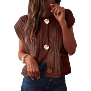 ANRABESS Women Chunky Knit Sweater Vest Button Down Casual Sleeveless Cardigan with Pockets Spring Trendy Outfits 2025(Coffee)