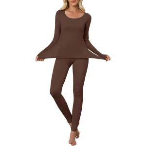 ANRABESS Women Lightweight See Through Sexy Thermal Underwear Sets Fall Ultra Stretchy 2 Piece Pajamas Lounge Basic Layer Set(Coffee)