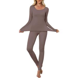 ANRABESS Women Lightweight See Through Sexy Thermal Underwear Sets Fall Ultra Stretchy 2 Piece Pajamas Lounge Basic Layer Set(Dusty Brown)