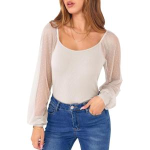 ANRABESS Women Mesh Long Sleeve Shirts Dressy Casual Blouses Square Neck Ribbed Slim Tops Going Out Date Night Fall Outfits(Beige)