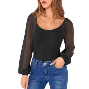 ANRABESS Women Mesh Long Sleeve Shirts Dressy Casual Blouses Square Neck Ribbed Slim Tops Going Out Date Night Fall Outfits(Black)