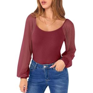 ANRABESS Women Mesh Long Sleeve Shirts Dressy Casual Blouses Square Neck Ribbed Slim Tops Going Out Date Night Fall Outfits(Deep Red)