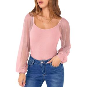 ANRABESS Women Mesh Long Sleeve Shirts Dressy Casual Blouses Square Neck Ribbed Slim Tops Going Out Date Night Fall Outfits(Pink)