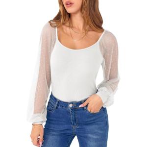 ANRABESS Women Mesh Long Sleeve Shirts Dressy Casual Blouses Square Neck Ribbed Slim Tops Going Out Date Night Fall Outfits(White)