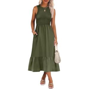 ANRABESS Women Midi Dresses 2025 Summer Casual Sleeveless Sundress High Neck Tank Top Racerback Flowy Beach Dress ＆ Pockets(Army Green)