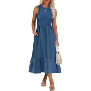 ANRABESS Women Midi Dresses 2025 Summer Casual Sleeveless Sundress High Neck Tank Top Racerback Flowy Beach Dress ＆ Pockets(Blue)