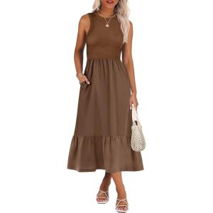 ANRABESS Women Midi Dresses 2025 Summer Casual Sleeveless Sundress High Neck Tank Top Racerback Flowy Beach Dress ＆ Pockets(Brown)